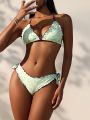 SHEIN Swim Mod Floral Print Ruffle Neck Halter Bikini Set For Women