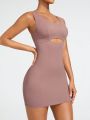 SHEIN SHAPE Ladies Solid Color Round Neck Pom Pom Trim Shapewear Dress