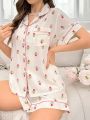 Women's Short Sleeve Top & Shorts Pajama Set With Tulip Printed Collar And Pockets