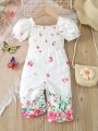 Infant Girls' Floral Printed Puff Sleeve Jumpsuit