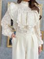 SHEIN Privé Elegant Date Ruffle Hem Decorated White Shirt