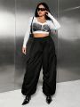 SHEIN ICON Women's Plus Size Drawstring Elastic Waist Flap Pocket Long Pants