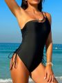 SHEIN Swim Basics Women's Mesh Patchwork One Shoulder One Piece Swimsuit