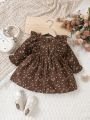 Baby Girl Ditsy Floral Print Ruffle Trim Flare Sleeve Corduroy Dress