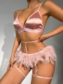 SHEIN Ladies Feather Patchwork Sexy Lingerie Set