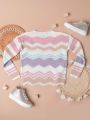 Girls' Colorblock Wave Pattern Round Neck Sweater