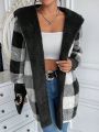 SHEIN Frenchy Buffalo Plaid Pattern Drop Shoulder Hooded Teddy Coat