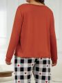 Plus Size Casual Rust Orange Long Sleeve Sleepwear Top