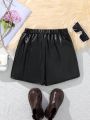 SHEIN Kids Cooltwn Tween Girls' Everyday Casual Pu Leather Short Shorts