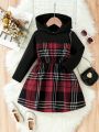 SHEIN Kids EVRYDAY Little Girls' Plaid Patchwork Hooded Dress