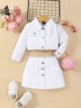 Baby Girl Flap Detail Long Sleeve Denim Jacket And Denim Skirt Sweet Cute Casual Comfortable 2pcs/Set