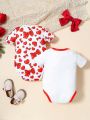 2pcs Baby Girls' Short Sleeve Bodysuit With Bow & Heart Pattern