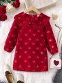 Young Girl Heart Print Statement Collar Lantern Sleeve Dress