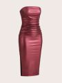 SHEIN EZwear Ruched PU Leather Tube Bodycon Dress