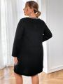 SHEIN Privé Plus Size Color Block Notch Neckline Dress With Double Pockets