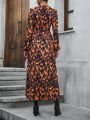 Allover Print Lantern Sleeve Ruffle Trim Wrap Hem Belted Dress