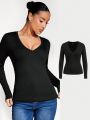 SHEIN BASICS V-Neck Long Sleeves Slim Fit T-Shirt