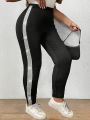 SHEIN CURVE+ Plus Size Silver Vertical Striped Black Leggings