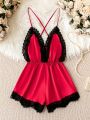 Contrast Lace Crisscross Backless Satin Cami Romper