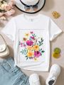 SHEIN Kids SUNSHNE Big Girls' Tropical Flower Printed Holiday Style T-Shirt