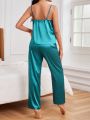 Solid Color Lace Trim Camisole Top And Pants Women's Pajama Set