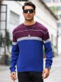 Men'S Contrast Color Round Neck Casual Long Sleeve Sweater