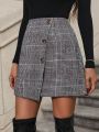 SHEIN Frenchy Glen Plaid Button Front Wrap Skirt