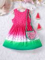 SHEIN Kids QTFun Toddler Girls' Cute Gradient Watermelon Printed Dress With Matching Bag