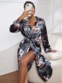 Floral Print Contrast Binding Belted Satin Robe