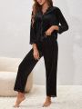 Contrast Lace Trim Velvet PJ Set