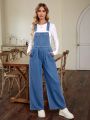 Adjustable Strap Denim Bib Overalls With Slanted Pocket