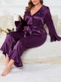 SHEIN X GiudiceGirls Plus Ruffle Trim Flare Sleeve Belted Satin PJ Set