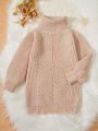 SHEIN Kids Nujoom Toddler Girls' Solid Color Lantern Sleeve High Neck Pullover Sweater Dress With Diagonal Stripes