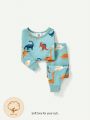 Cozy Cub Baby Boy's Snug Fit Pajamas, Cartoon Dinosaur Print Round Neck Top And Long Pants Set