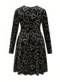 Marina Oliveira Plus Size Women's Heart Pattern Print Dress With Waistline Pleats