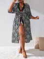SHEIN Swim BohoFeel Plus Size Women's Floral Print Tie Front Kimono