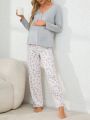 Maternity V-Neck Button Front Top And Small Floral Print Pants Pajama Set