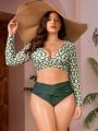 SHEIN Swim SPRTY Plus Size Women's Floral Print Long Sleeve Crop Top Swimsuit Set