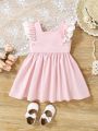 SHEIN Baby Girl Casual Patchwork Ruffle Trim Square Neckline Dress