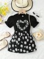 SHEIN Kids SUNSHNE Little Girls' Casual Holiday Black Daisy & Heart Print T-Shirt And Skirt 2pcs/Set For Summer