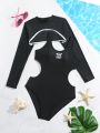 Teen Girls' Butterfly Printed One-piece Swimsuit And Long Sleeve Top