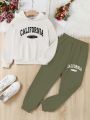 SHEIN Kids EVRYDAY Big Girls' Letter Print Hoodie And Sweatpants Set