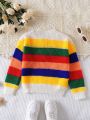 Young Girl Casual Striped Colorblock Long Sleeve Sweater