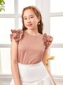 SHEIN Teen Girl Woven Ruffle Trim Round Neck Casual Blouse/Shirt