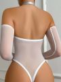 Mesh Splicing & Metallic Sheen Front Zipper Design Sexy Bodysuit