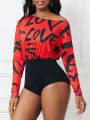 SHEIN Lady Women's Irregular Collar Long Sleeve Bodysuit With Letter Print