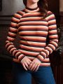 SHEIN Frenchy Women'S Stand Collar Striped Drop Shoulder Long Sleeve T-Shirt