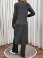 2pcs/Set Solid Ribbed Knit Sweater And Skirt Set With Button Details