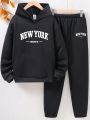 Teenage Boys' Hooded Letter Printed Sweatshirt And Pants Set