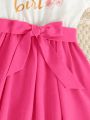 SHEIN Kids EVRYDAY Little Girls' Color Block Letter Printed Short Sleeve Patchwork Dress